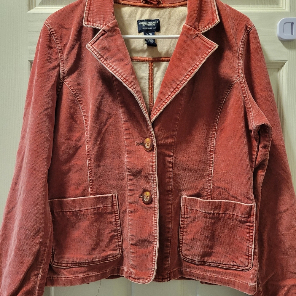 American Eagle Outfitters Distressed Red Corduroy Blazer Jacket, Sz LG, Used